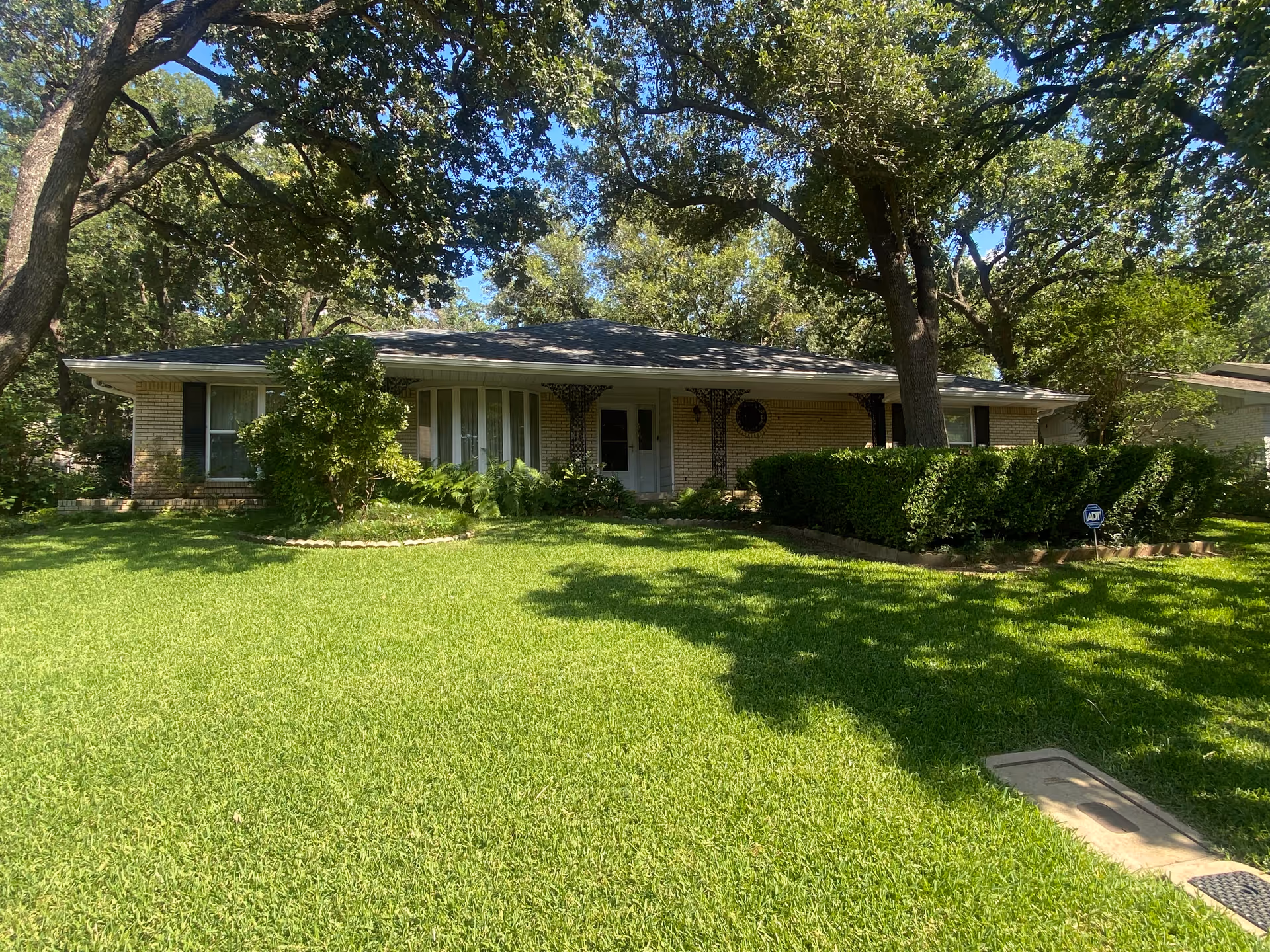 A single-story brick building with a large tree, manicured lawn, and shrubs in front.