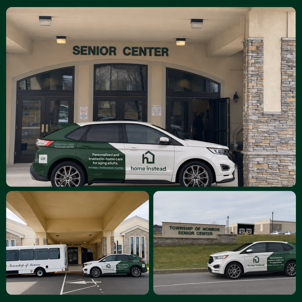 Home Instead car parked in front of a Senior Center entrance