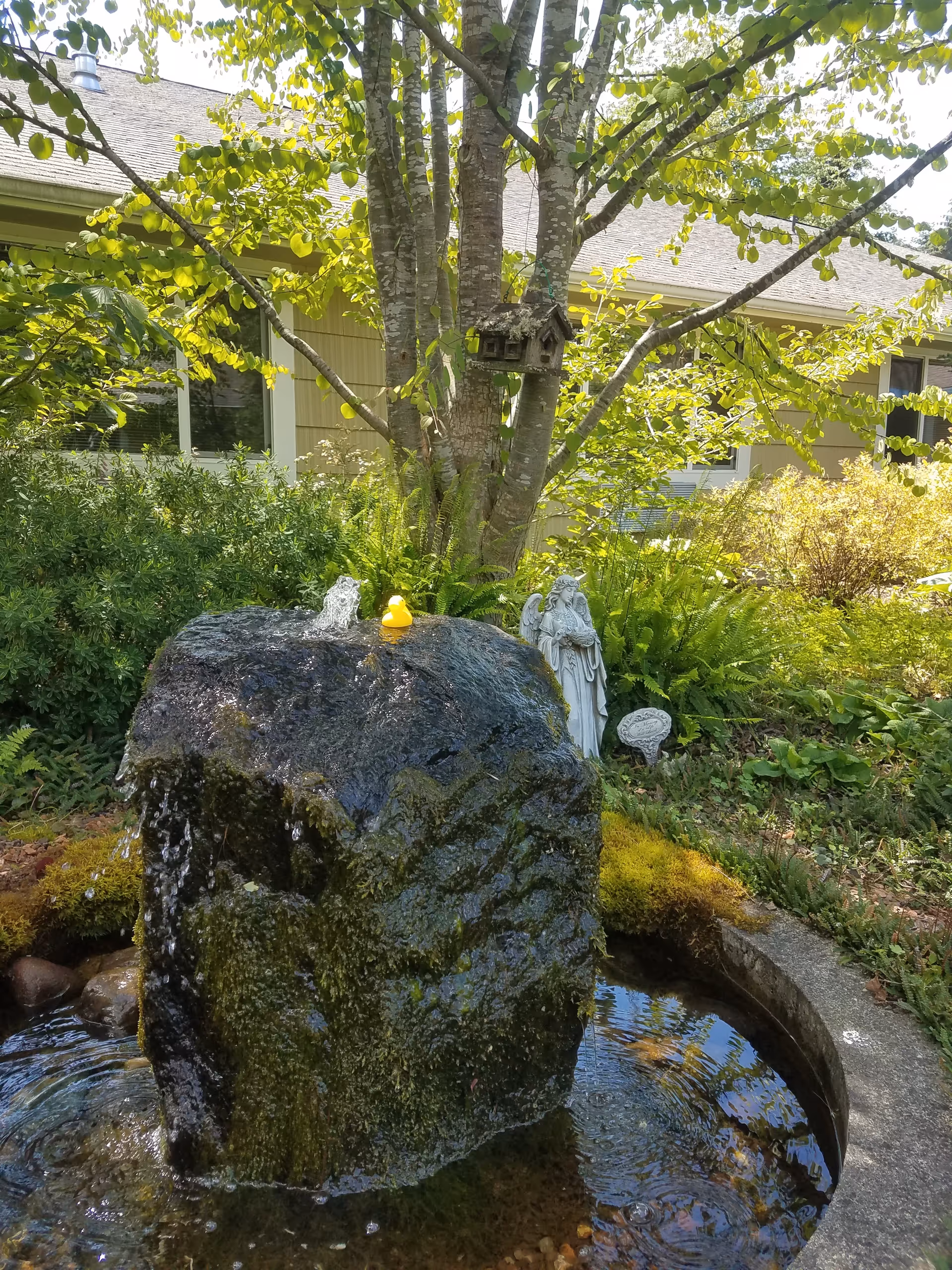 Tranquil garden fountain with mossy rock, statue, and lush greenery near a building
