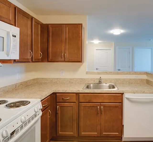 Wooden cabinets, beige countertops, stove, sink, and dishwasher in a kitchen.