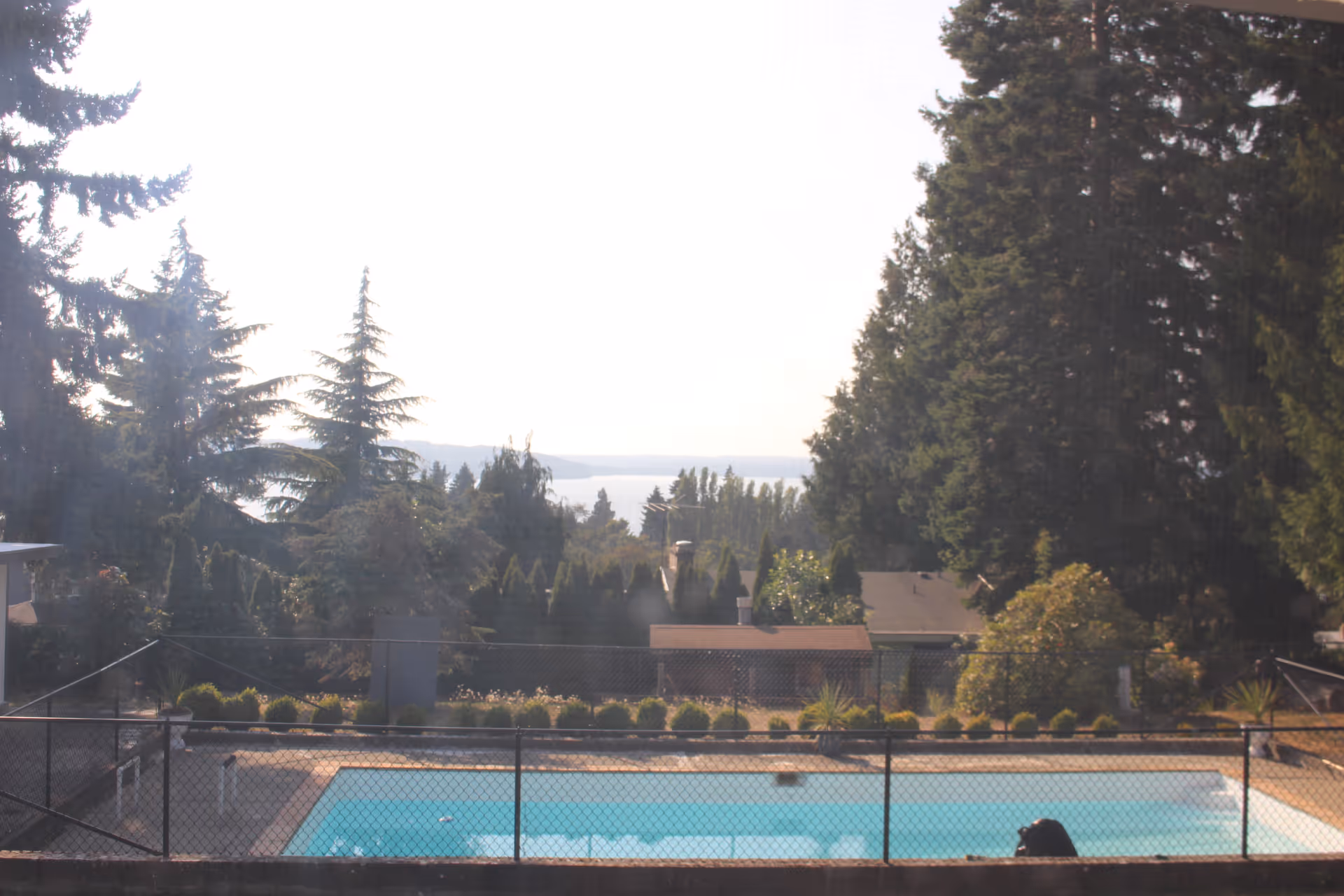 Outdoor pool area enclosed by a fence with trees and distant water in the background
