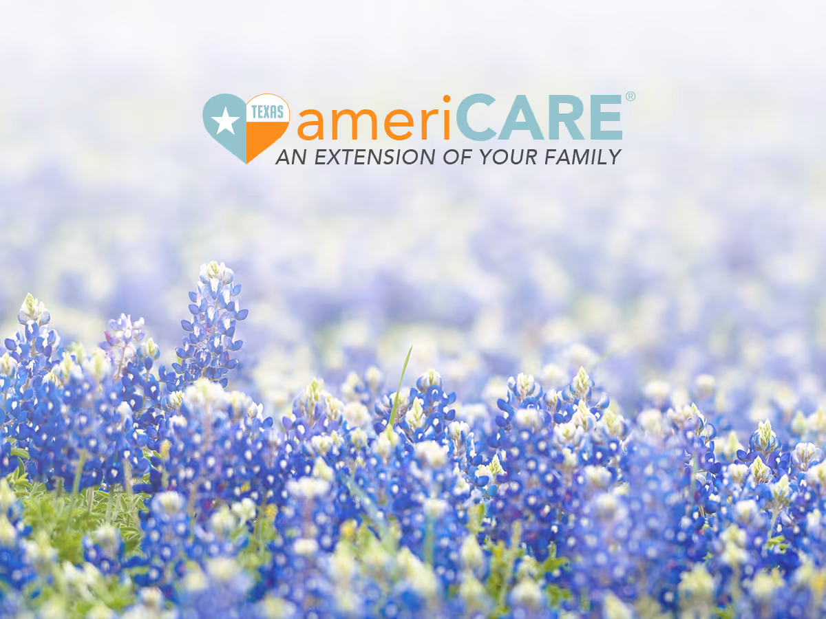Field of blue flowers with the americare Weatherford logo overlay.