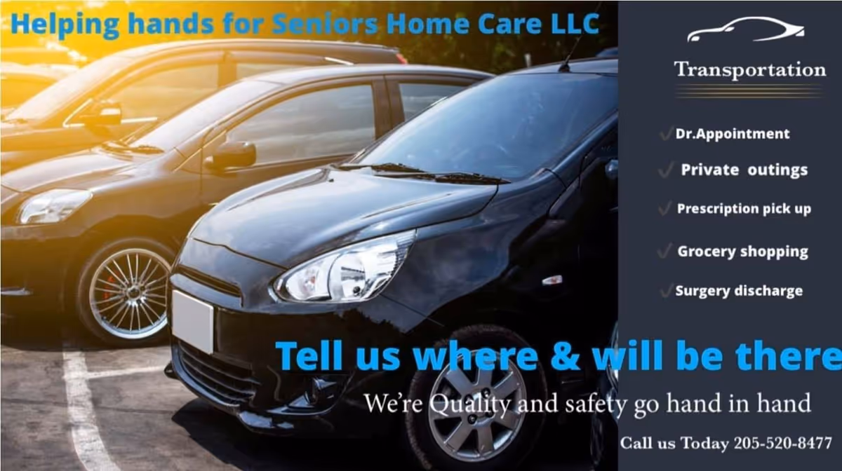 Sunlit parking lot with several cars and a promotional banner for senior home care services.