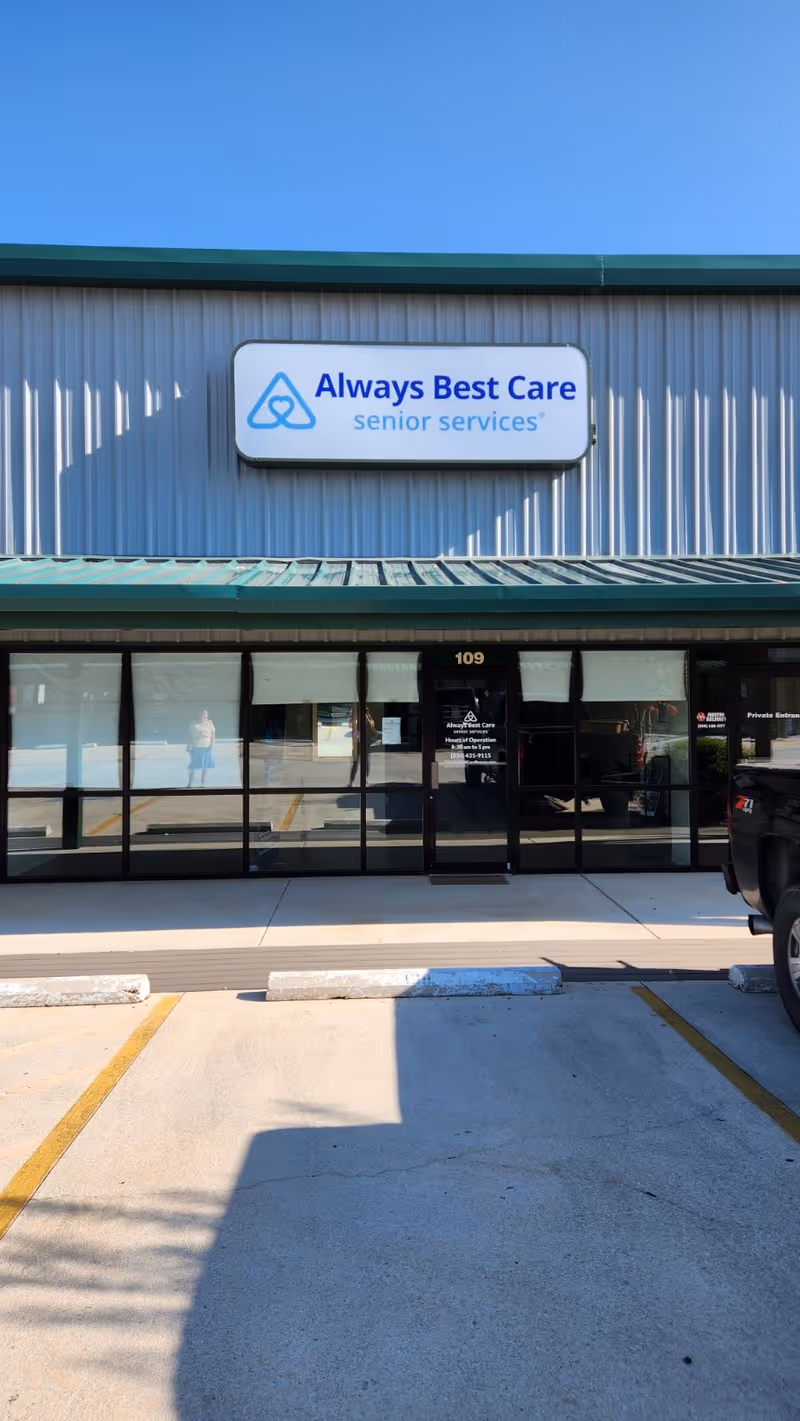 Exterior view of a storefront showing Always Best Care senior services sign.