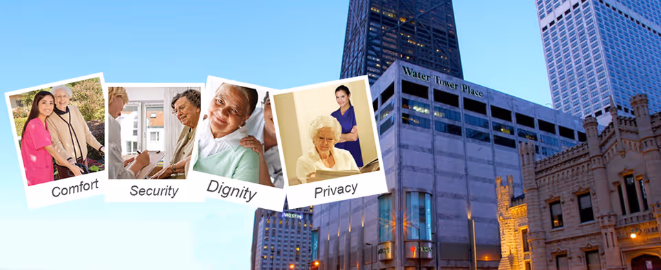 Exterior view of Water Tower Nursing and Home Care with four care-themed Polaroid cards.