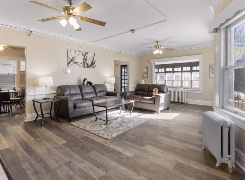 Bright, spacious living room with leather sofas, tables, lamps, and large sunny windows.