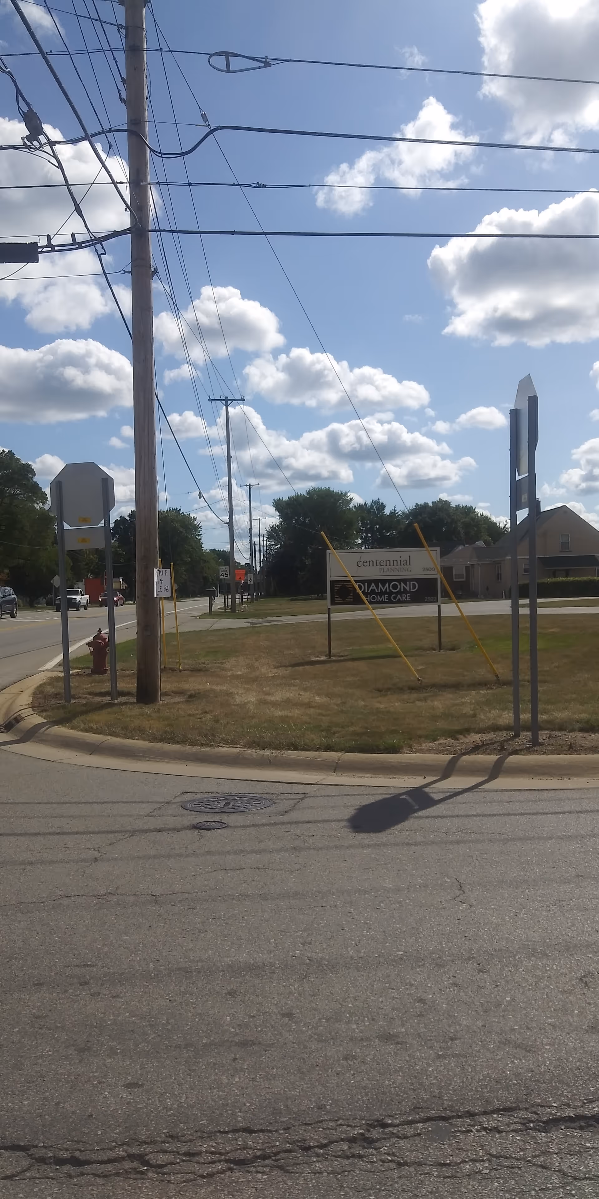 Street intersection with utility poles, power lines, and a Diamond Home Care sign.