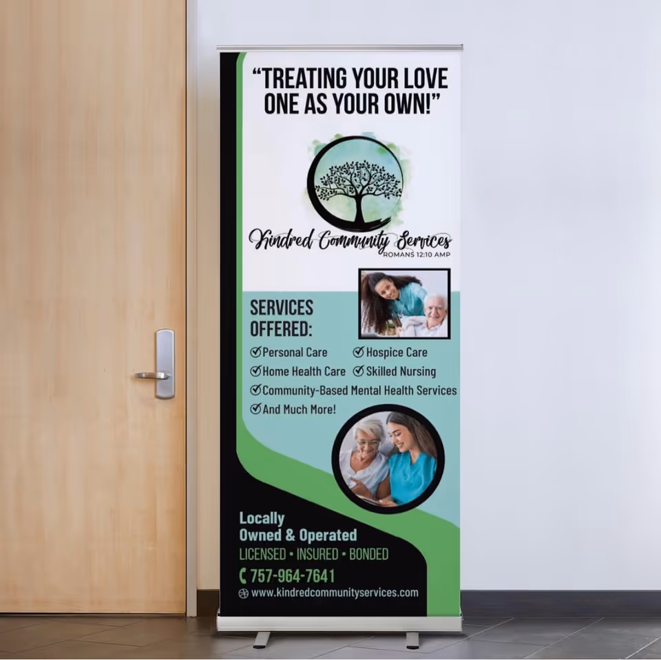 Promotional banner for Kindred Community Services displayed in an interior hallway.