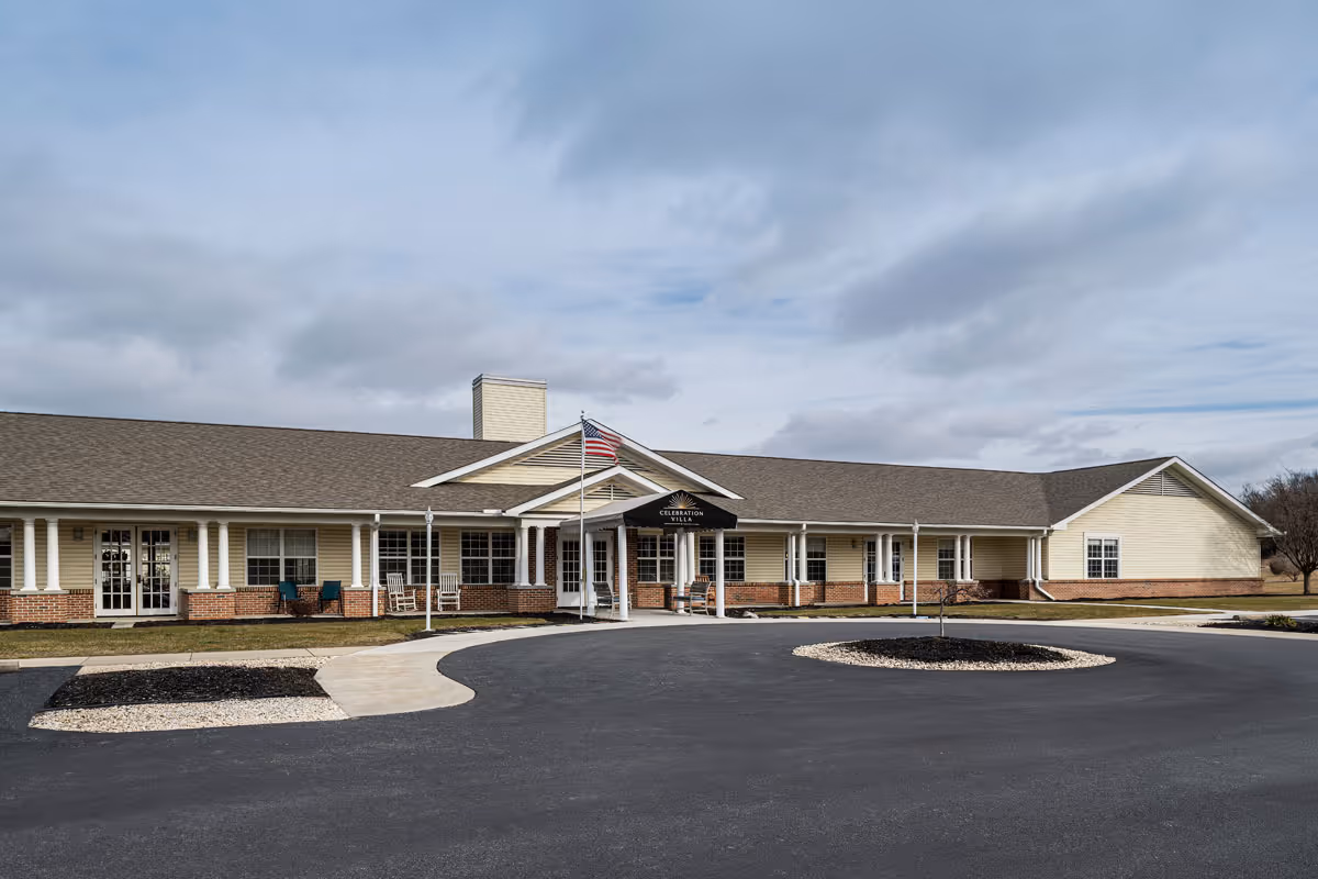 Celebration Villa of Shippensburg exterior: single-story building with covered entrance and circular driveway.