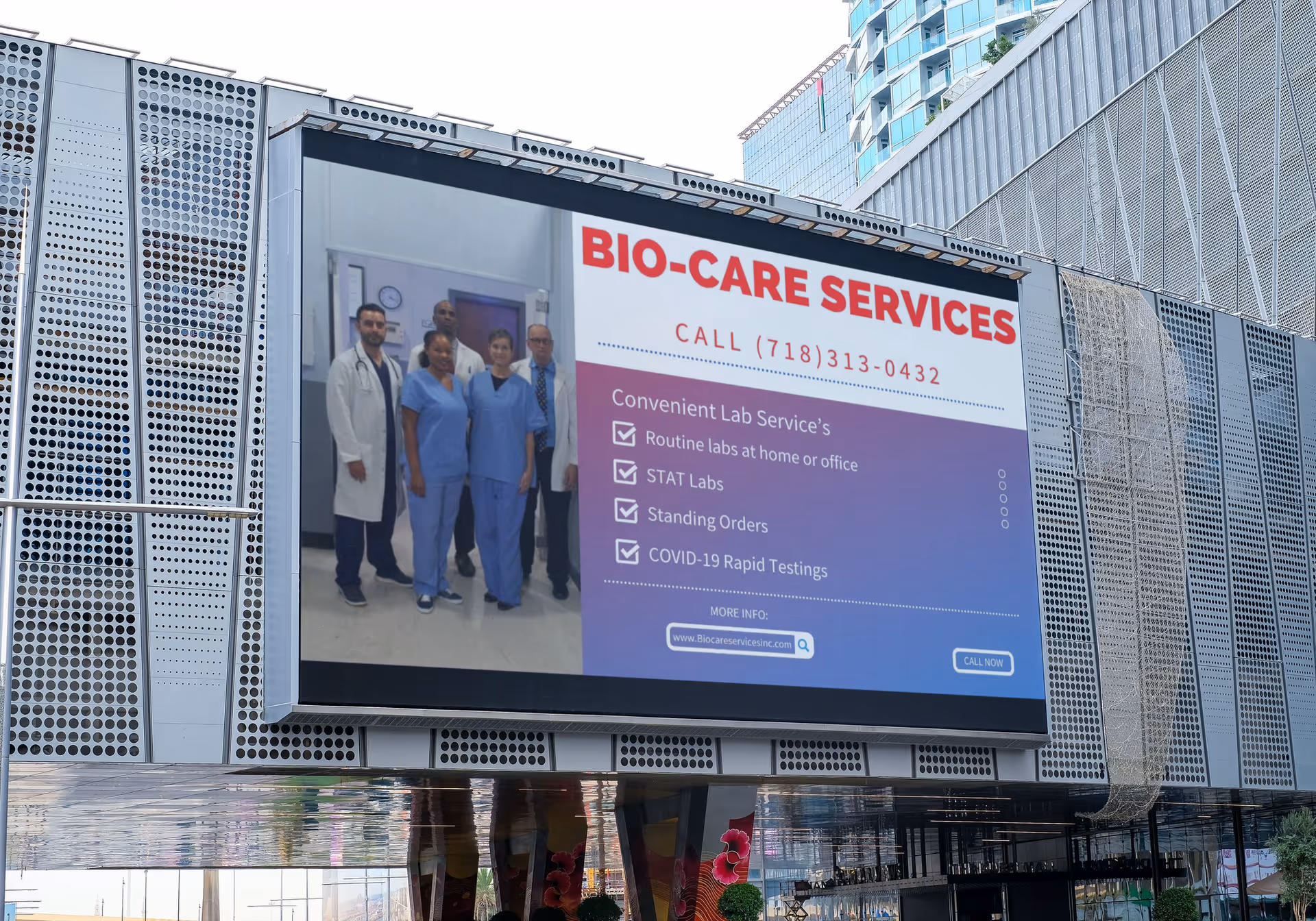 Exterior building facade featuring a large BIO-CARE SERVICES billboard with medical staff image.