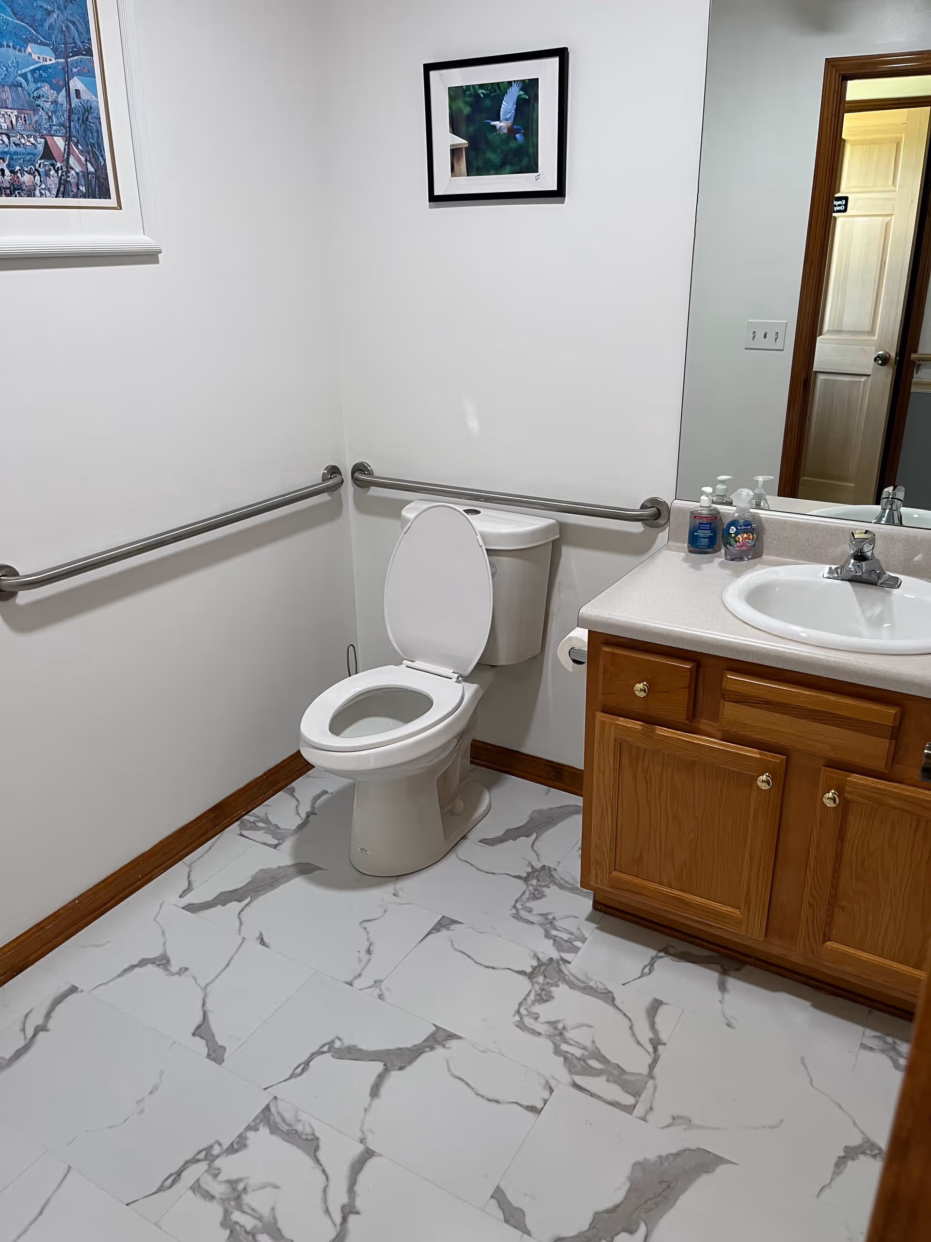 Senior living facility bathroom featuring toilet, sink, wooden vanity, and wall-mounted grab bars.