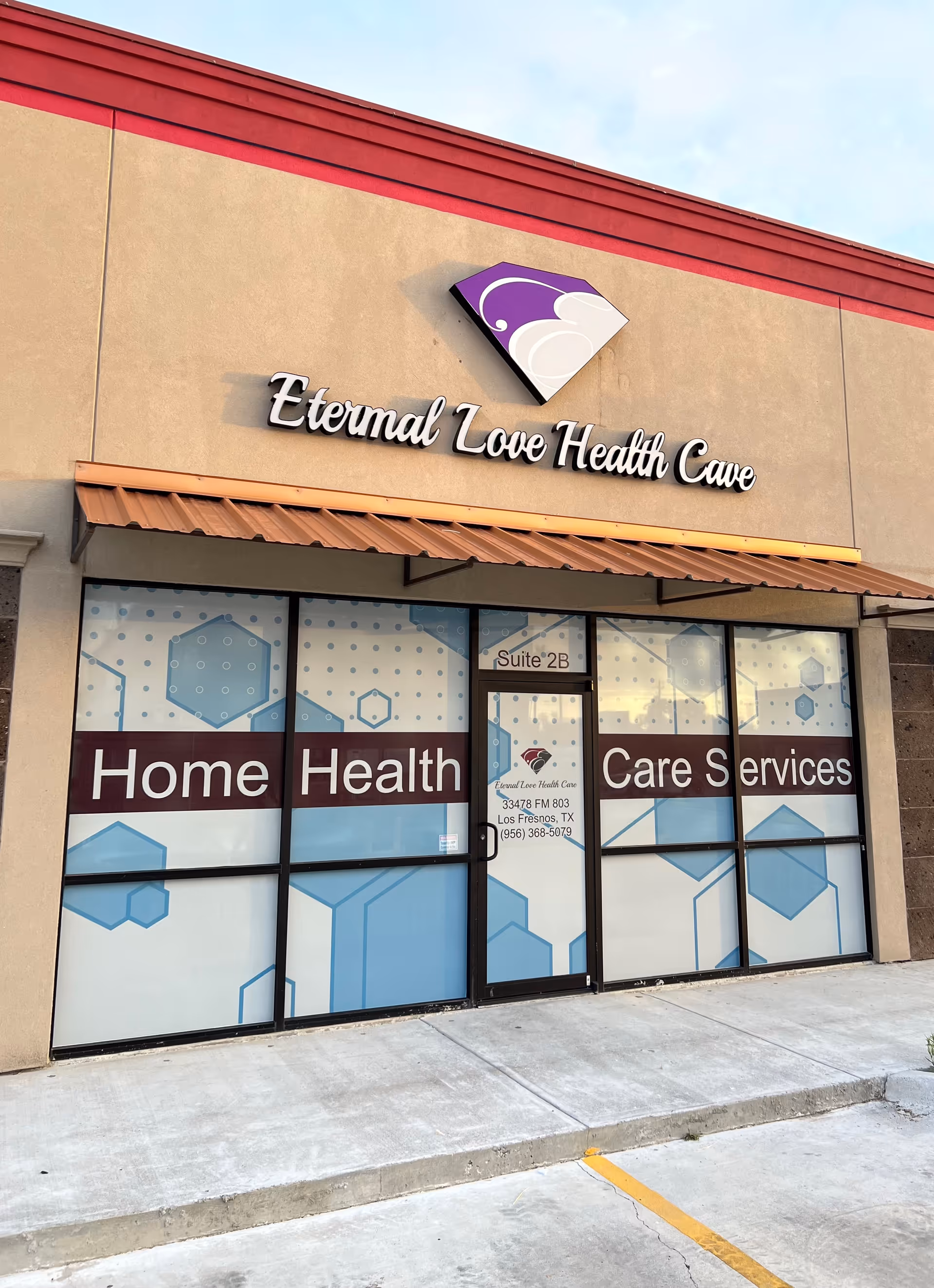 Exterior view of Eternal Love Health Care storefront with large glass windows and sign.