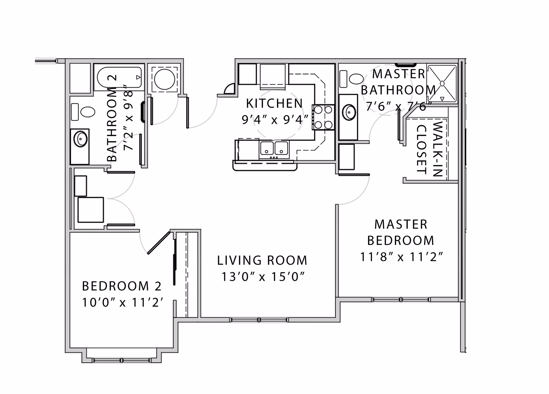 Architectural floor plan of a residential unit at Gentry Estates showing two bedrooms, two bathrooms, a kitchen, a living room, and a walk-in closet. Dimensions for each room are labeled.