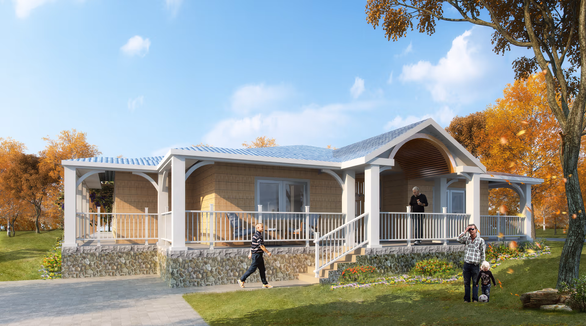 A single-story beige assisted-living home with a wide front porch and autumn trees.