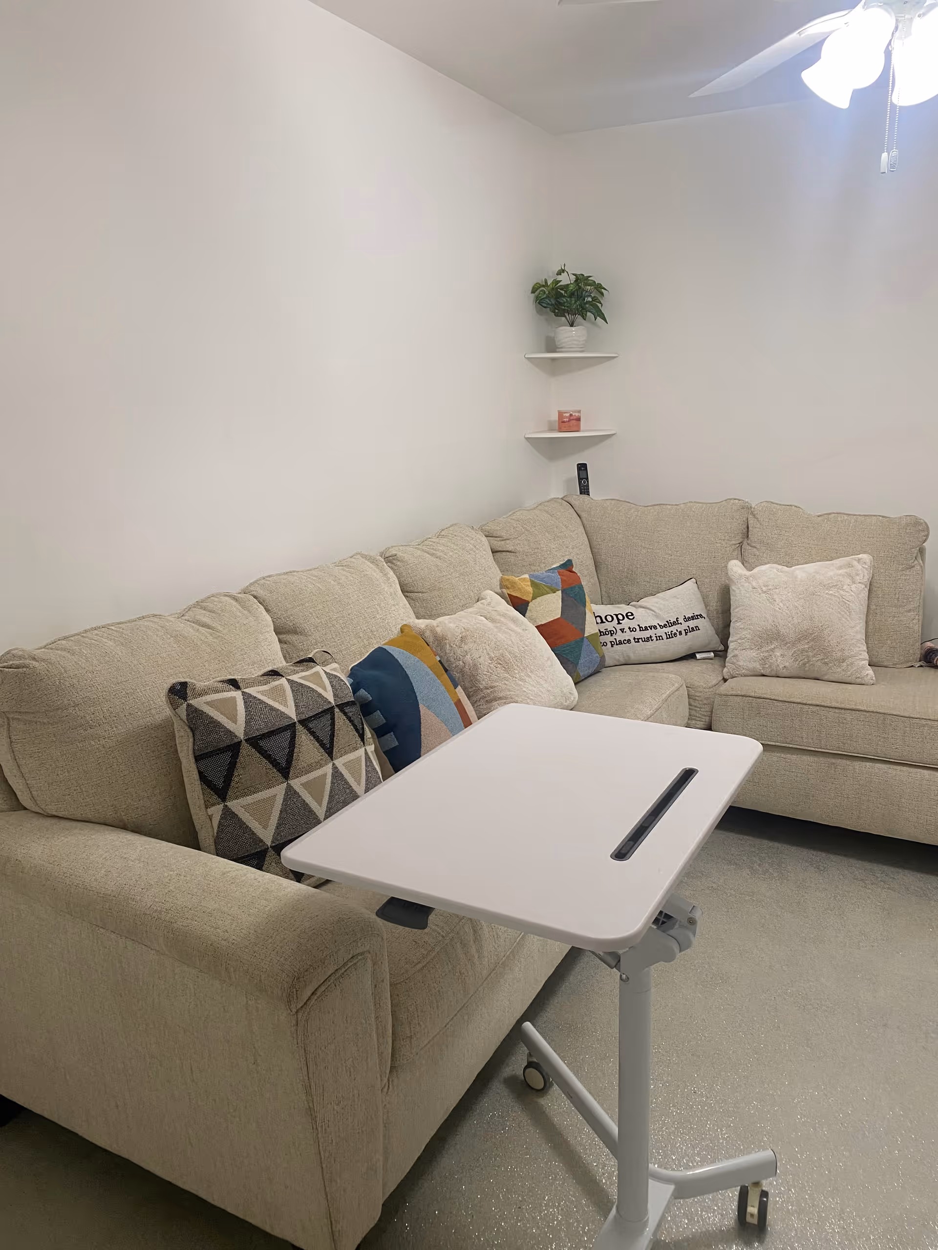 Beige sectional sofa with colorful cushions, a white rolling table, and plants in a living room.