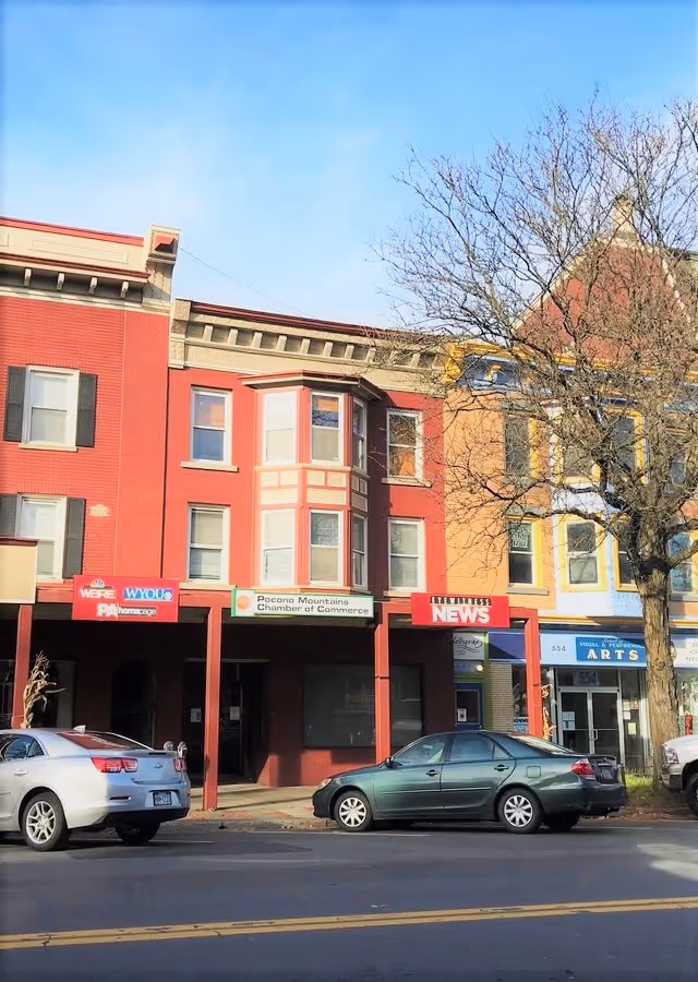 Colorful row of storefront buildings with parked cars and a leafless tree-lined street.