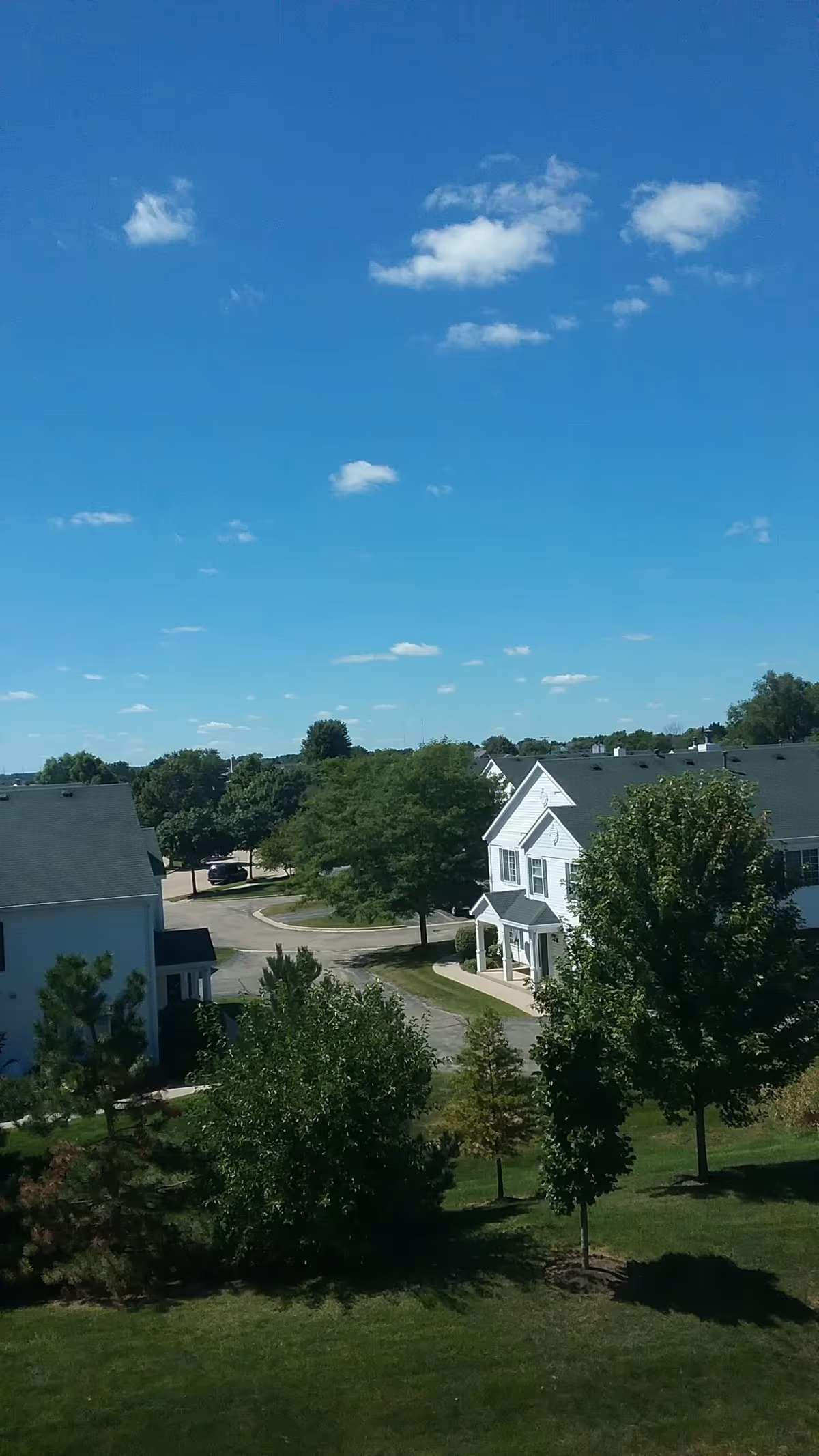 Sunny day view of Heritage Woods campus with white buildings, trees, and manicured lawn.