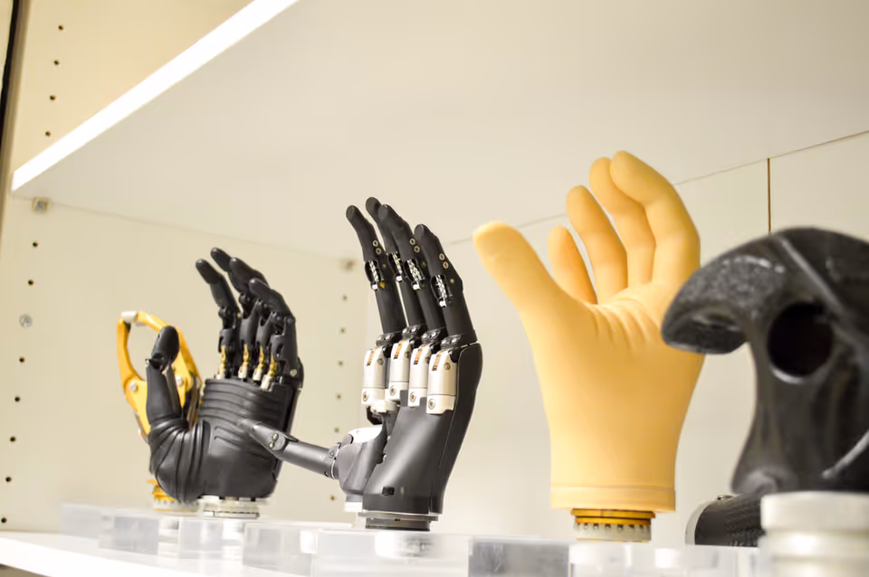 Display case with robotic prosthetic hands and a beige silicone hand.