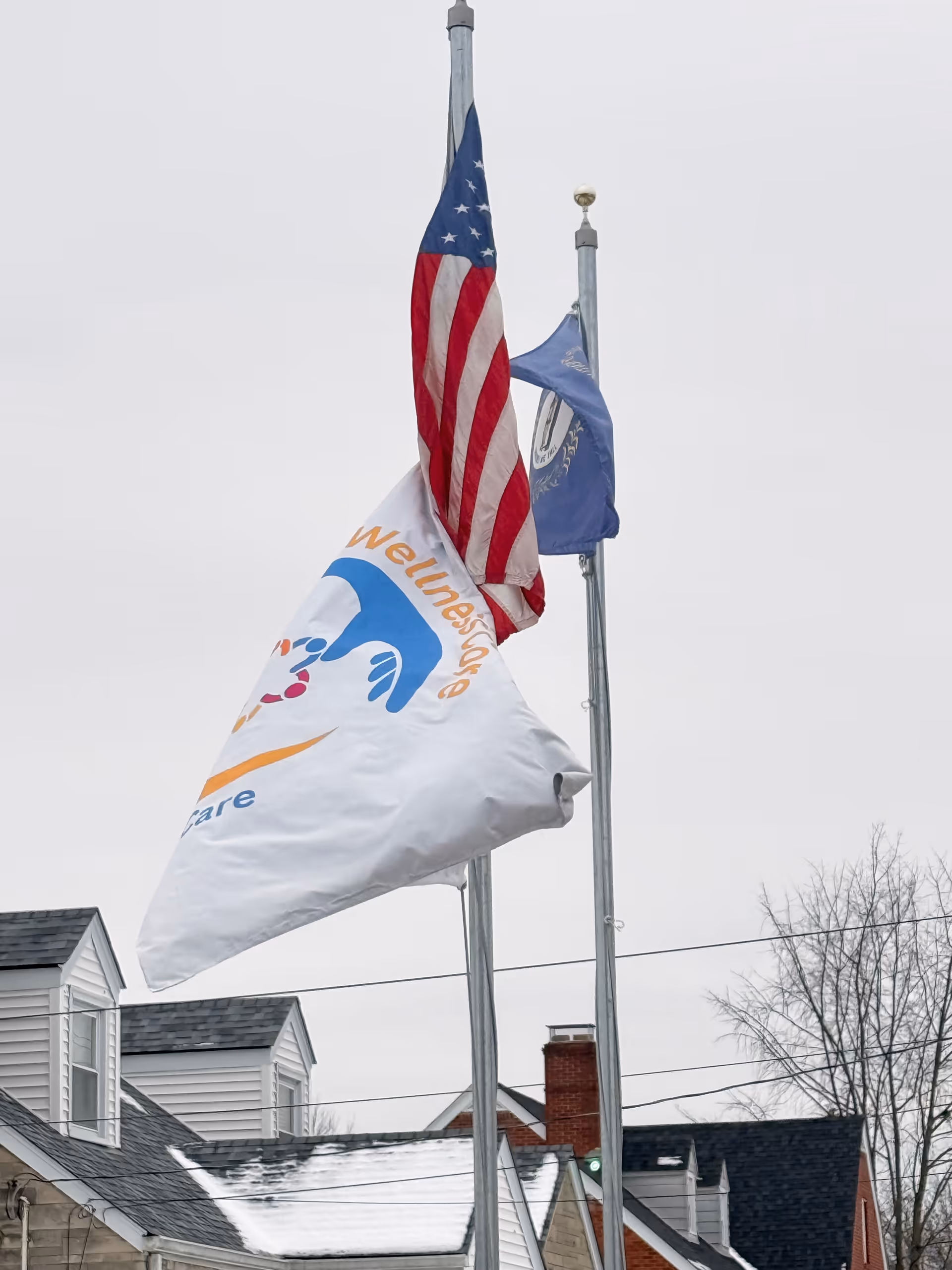 American flag and Wellnesscore flags on poles outside a building with snowy rooftops.