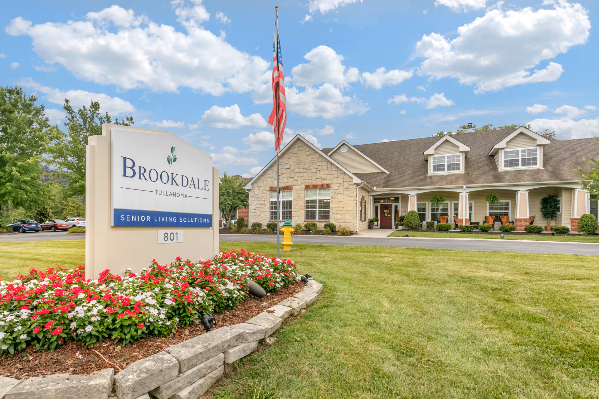 Exterior view of Brookdale Tullahoma senior living facility with sign