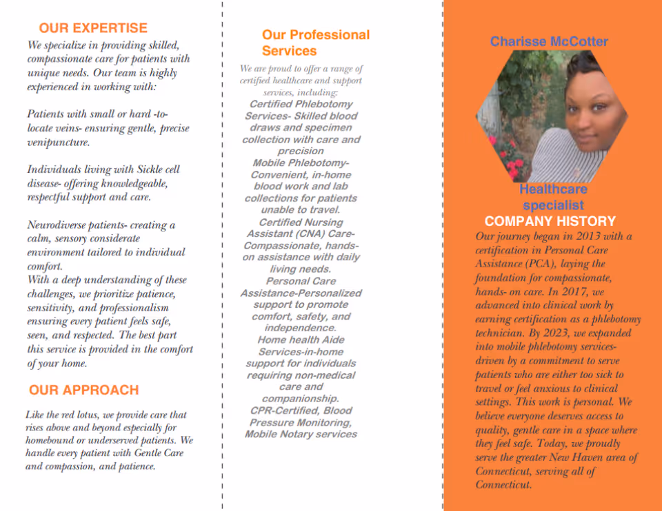 Tri-fold brochure panel featuring a healthcare professional portrait and service history text.