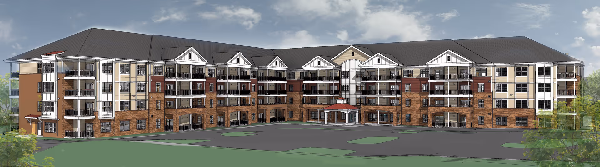 Rendering of a large, multi-story senior living facility building with a combination of brick and beige siding, multiple balconies, and a covered entrance in the center. The building has a pitched roof and is surrounded by some greenery and a paved area in front.