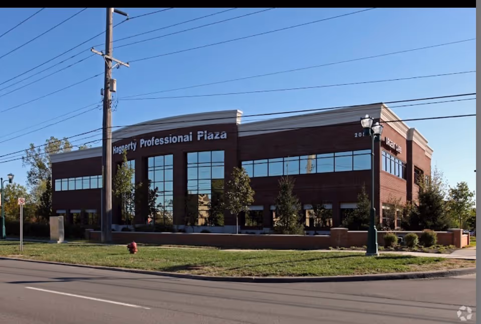 Brick office building labeled Haggerty Professional Plaza along a street with trees.