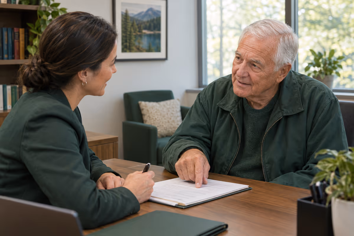 An older veteran points to a document while talking with a service officer across a desk
