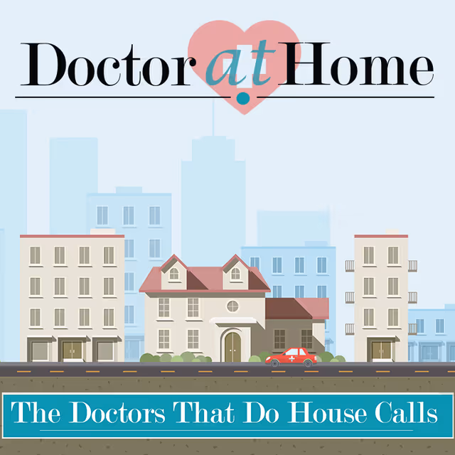 Illustrated cityscape with houses, a street, and a medical-themed logo reading Doctor at Home.