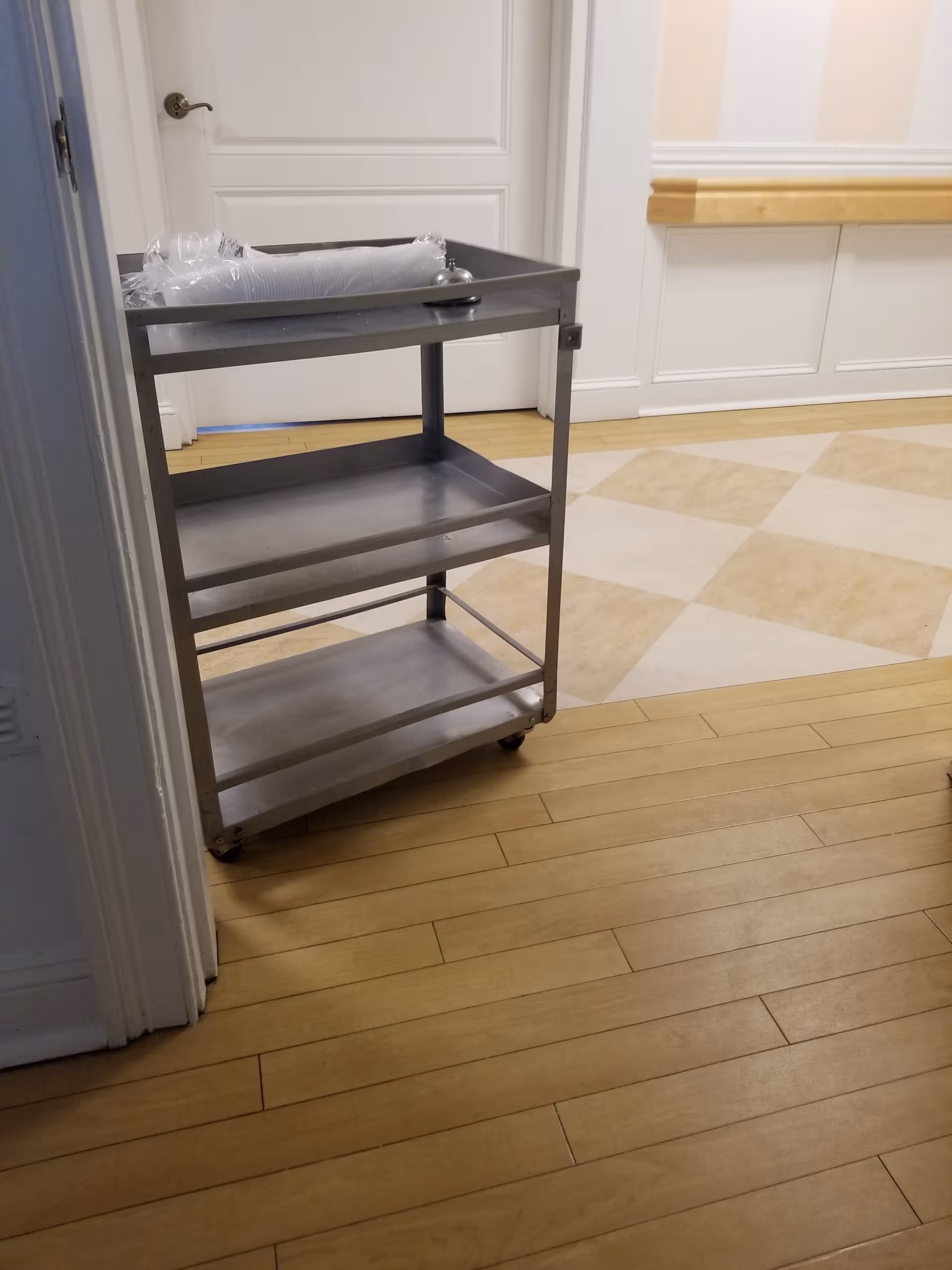 Metal rolling cart sits in a hall with wooden floor and white wainscoted walls.