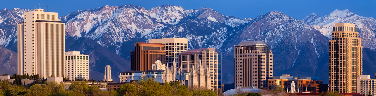 City skyline with tall buildings against snow-capped mountains.