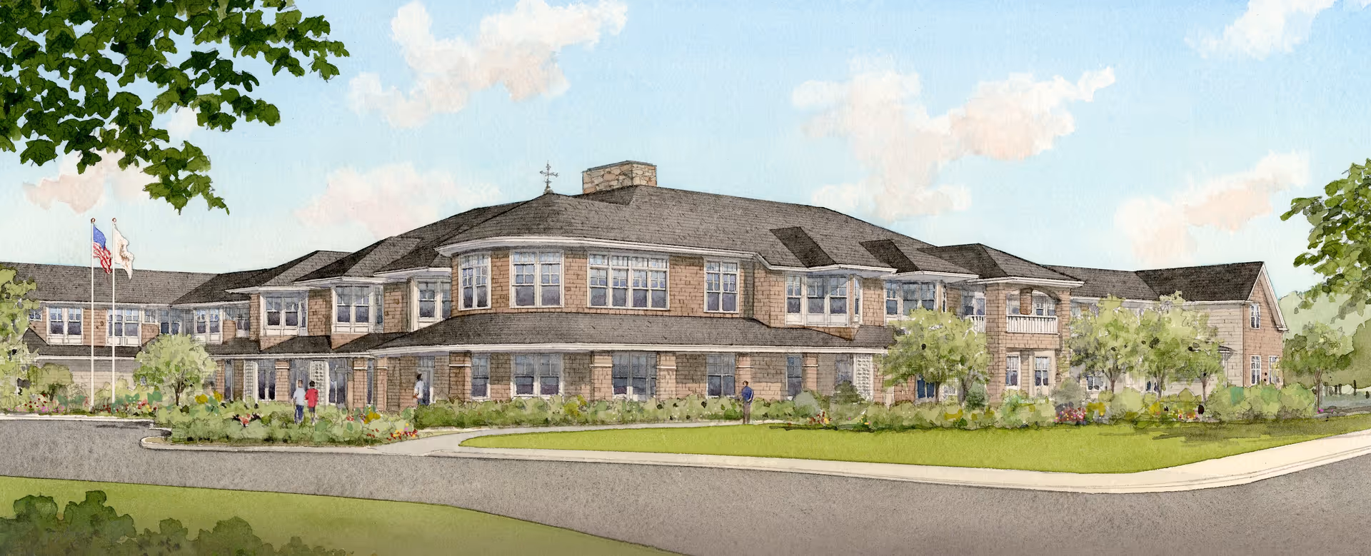 Exterior view of Laurentide at Mashpee Commons building with brick façade and landscaped surroundings.