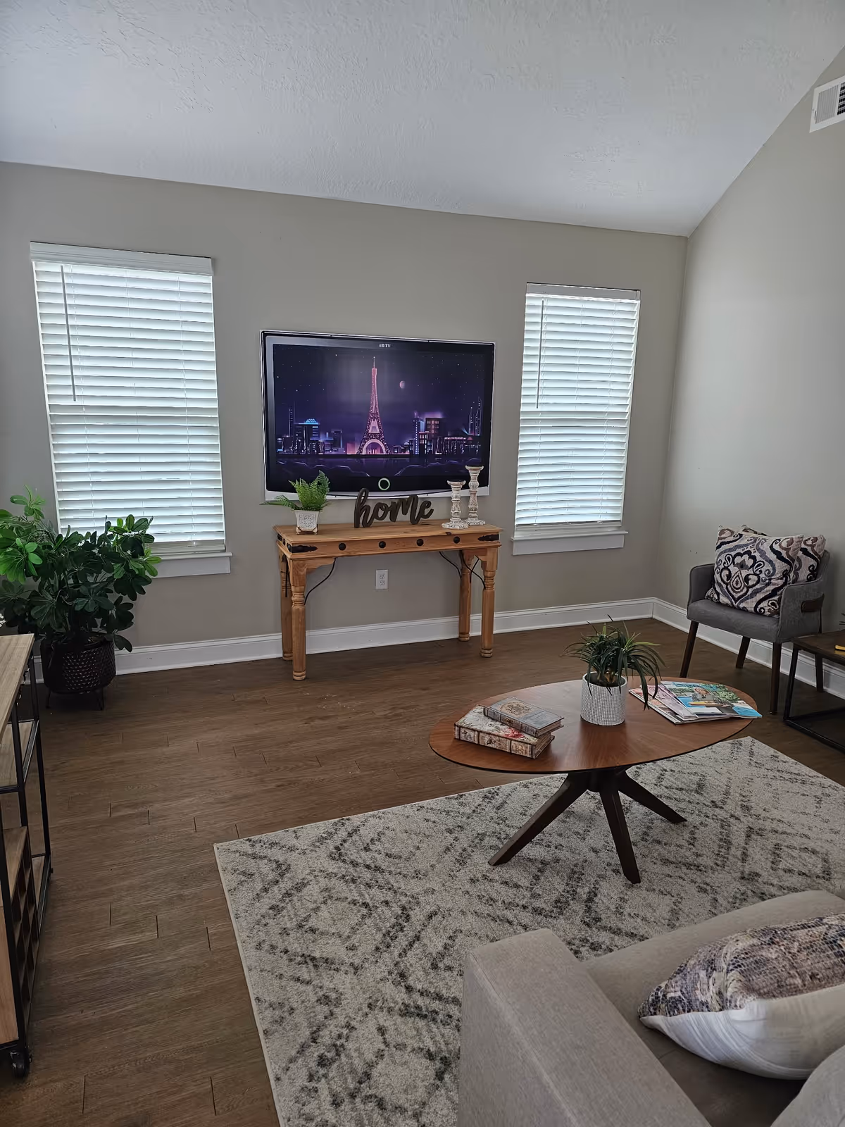 Cozy living room with TV on a wooden console, plants, and seating.