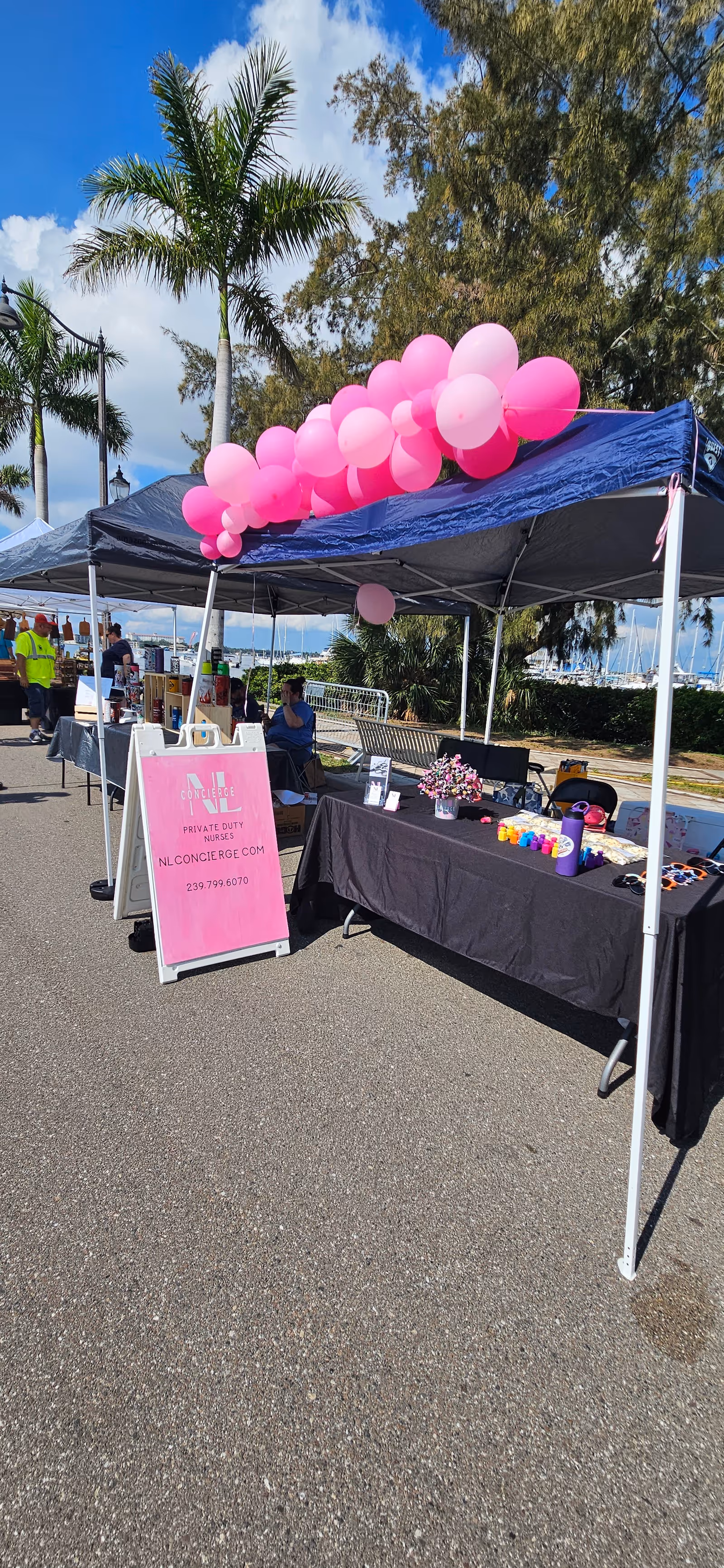 Outdoor event stalls with pink balloons along a waterfront promenade.