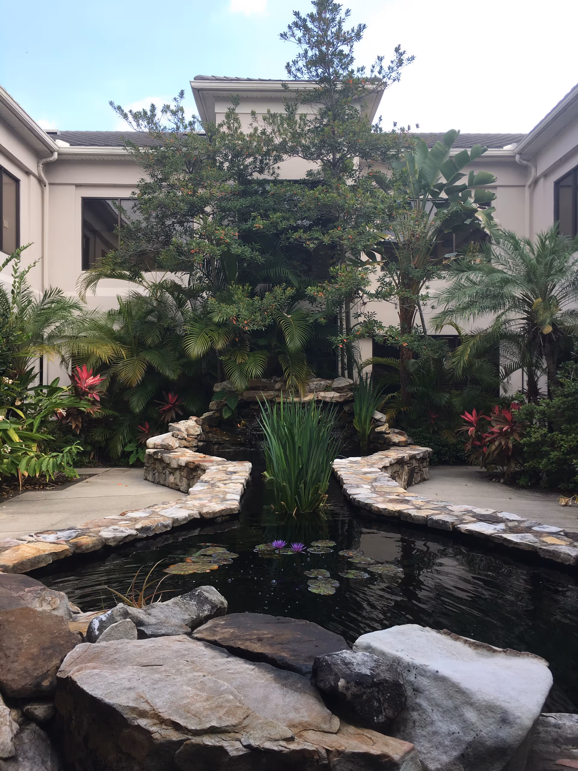 Stone-lined pond with water lilies and lush landscaping in a facility courtyard.