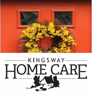 Red door with a yellow wreath and the Kingsway Home Care sign beneath.