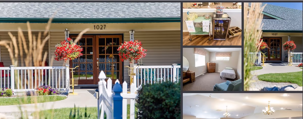 Collage of images showing Peterson Place Assisted Living Facility including the front entrance with hanging flower baskets, a small kitchen area with a mini fridge and snacks, a simple bedroom with a bed, dresser, and chair, and a spacious dining or common area with chandeliers.