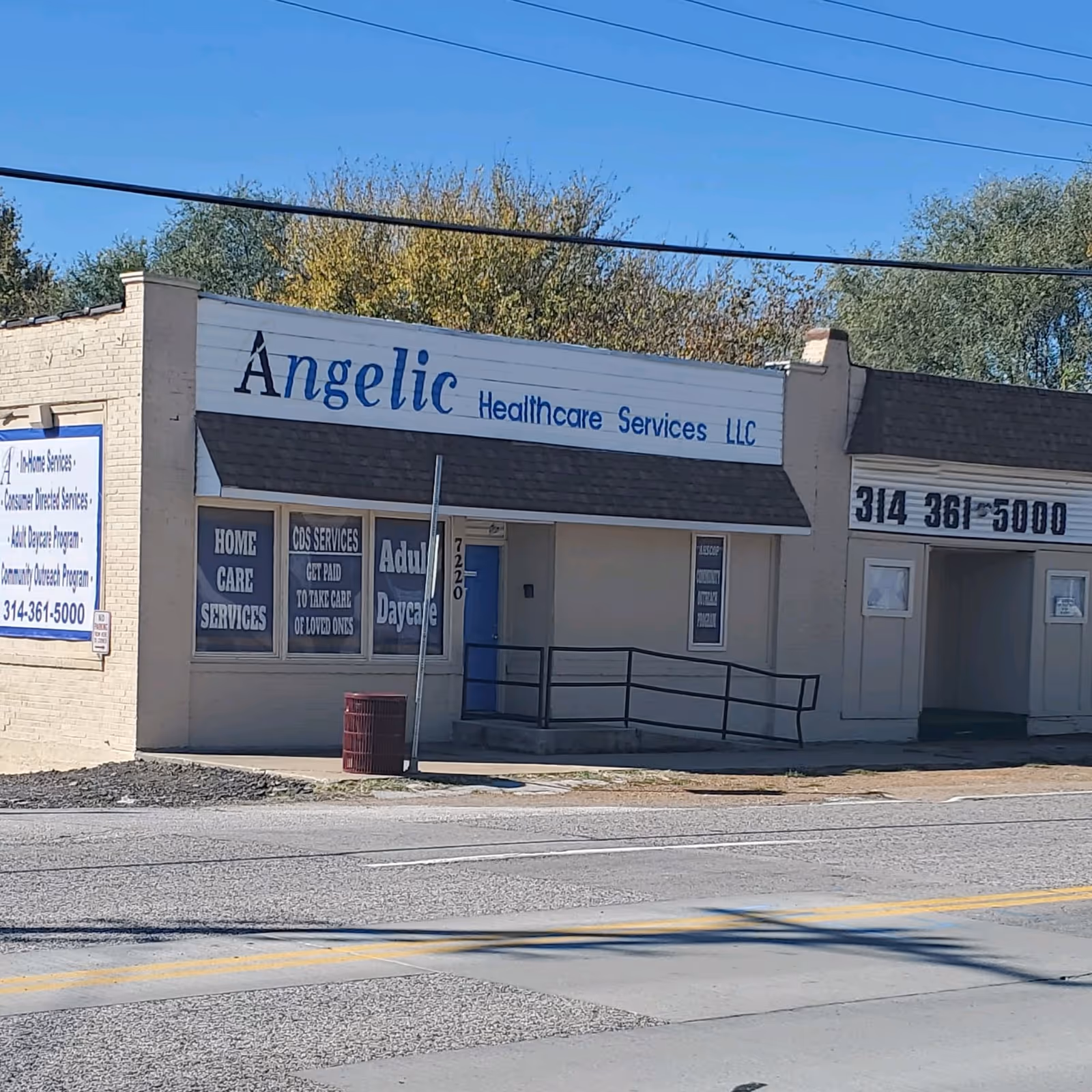 Exterior storefront labeled Angelic Healthcare Services LLC with blue entrance.