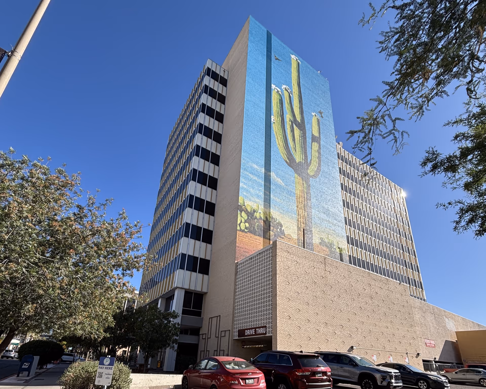 Tall building with a cactus mural on its side, blue sky, and cars in parking lot.