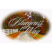 Autumn landscape featuring a tree-lined road, white fence, and Bluegrass Way logo.