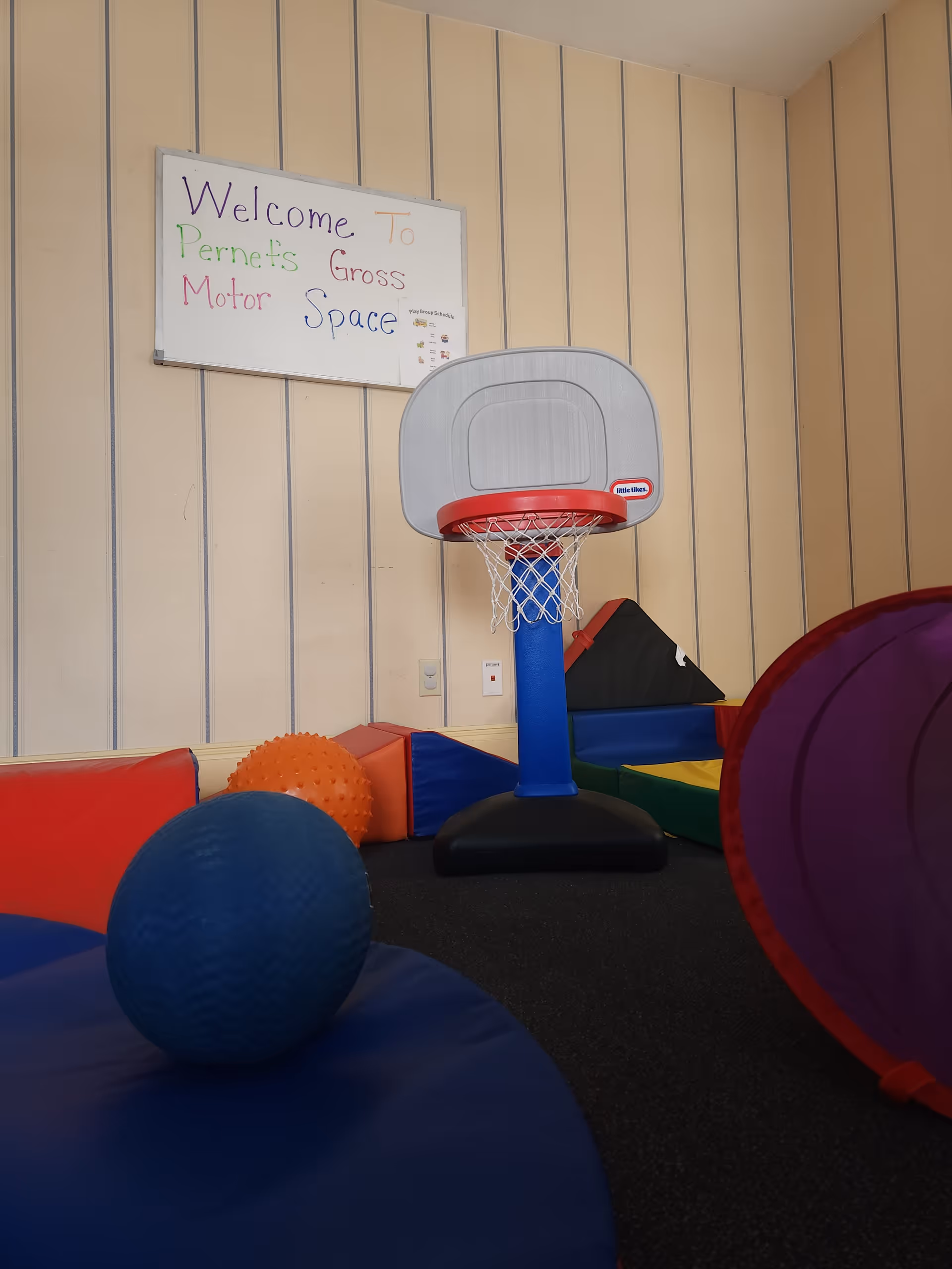 Indoor play area with a small basketball hoop, soft mats, and colorful balls.