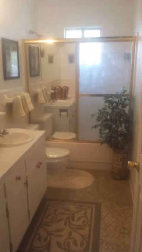 Small assisted living bathroom with a sink, vanity, toilet, and glass shower.