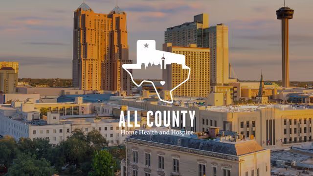City skyline with tall buildings and a white All County logo overlay.