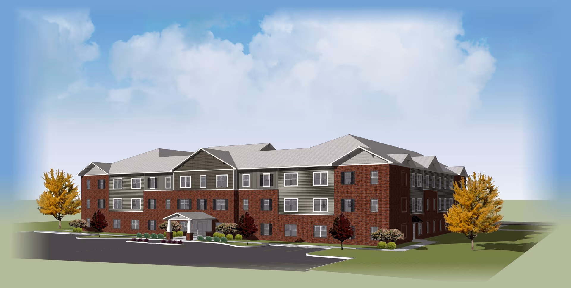 Illustration of a three-story brick and siding senior living building with a covered entrance, trees, and a driveway.