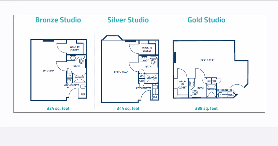 Three studio floor plans labeled Bronze Studio, Silver Studio, and Gold Studio.