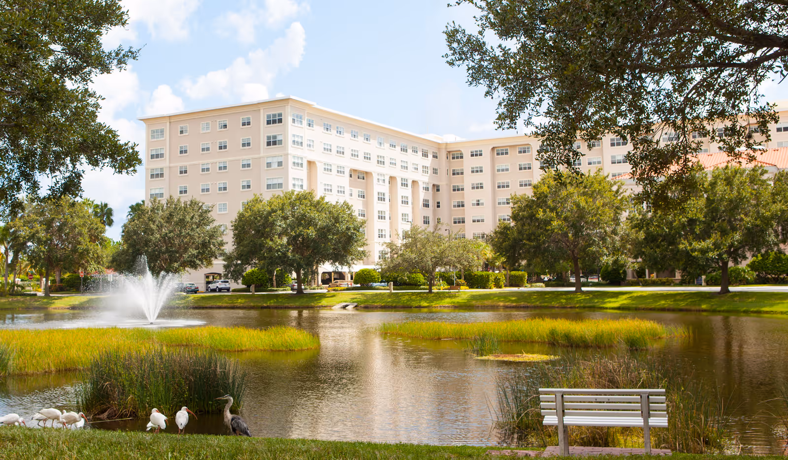 Exterior view of a multi-story senior living building beyond a pond with a fountain, trees, a bench, and birds.