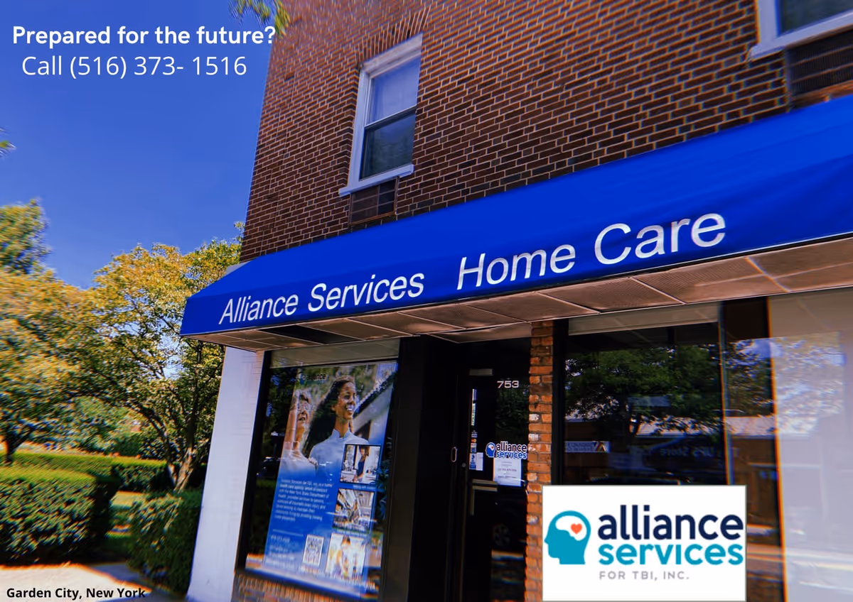 Brick storefront with blue Alliance Services Home Care awning and logo.