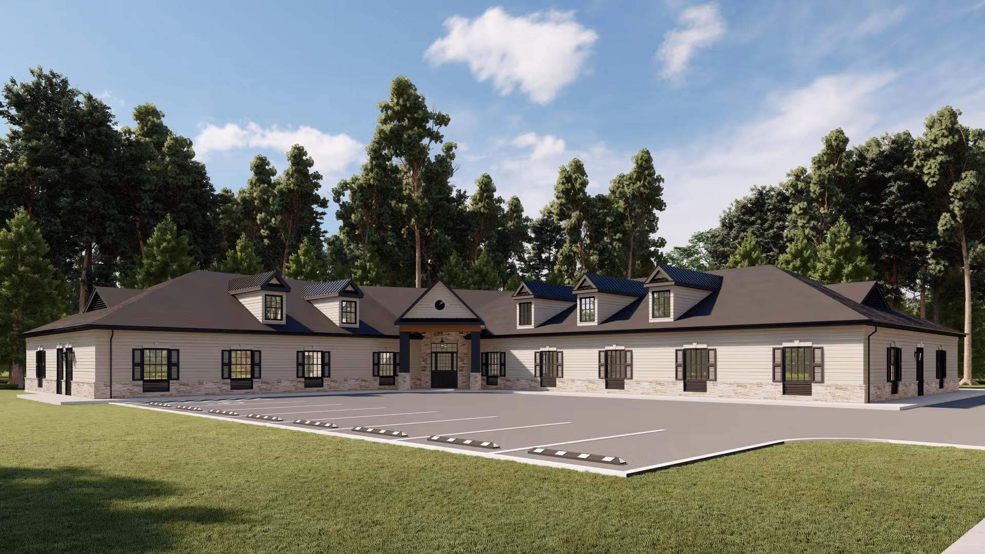 Exterior view of Sherman Springs senior living facility with a parking lot and trees.