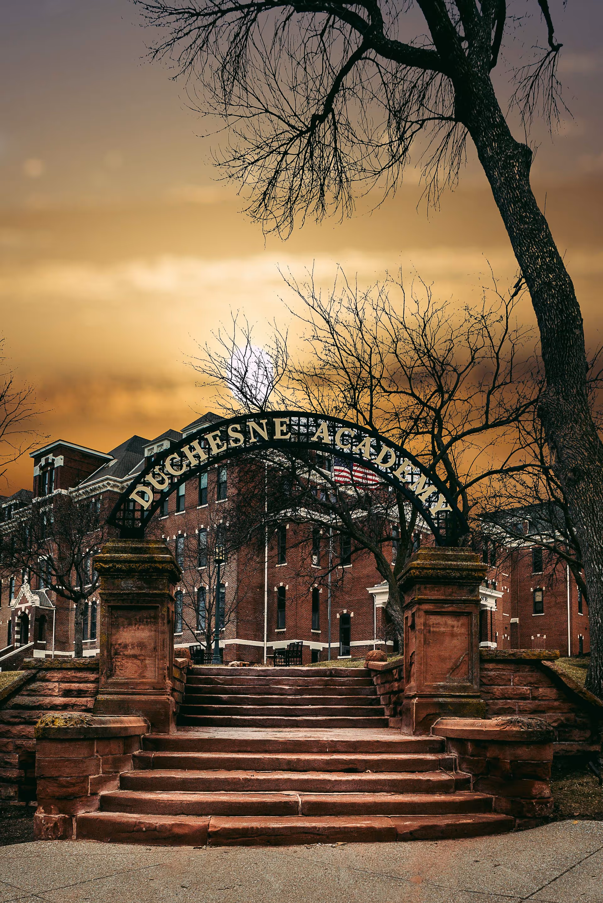 Brick academy building with arched entrance and leafless trees at dusk.