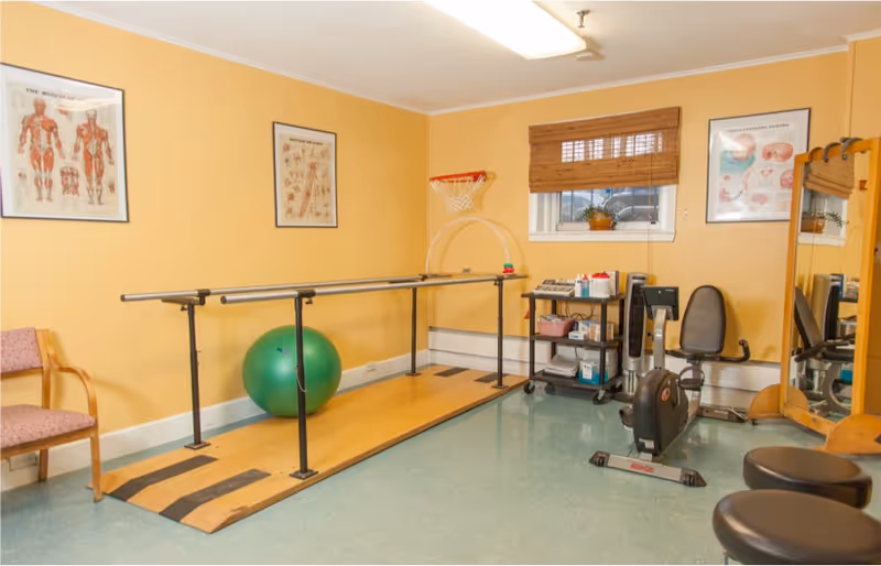 Interior rehabilitation room featuring parallel bars, exercise ball, and medical equipment against yellow walls.